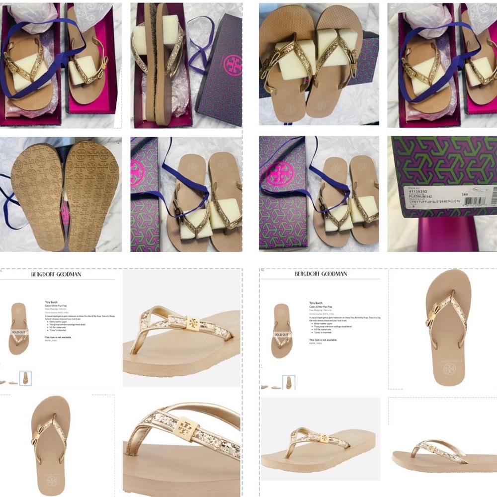 TORY BURCH GOLD GLITTER / METALLIC LEATHER DRESSY FLIP FLOP WITH ACCENT BOW LOGO